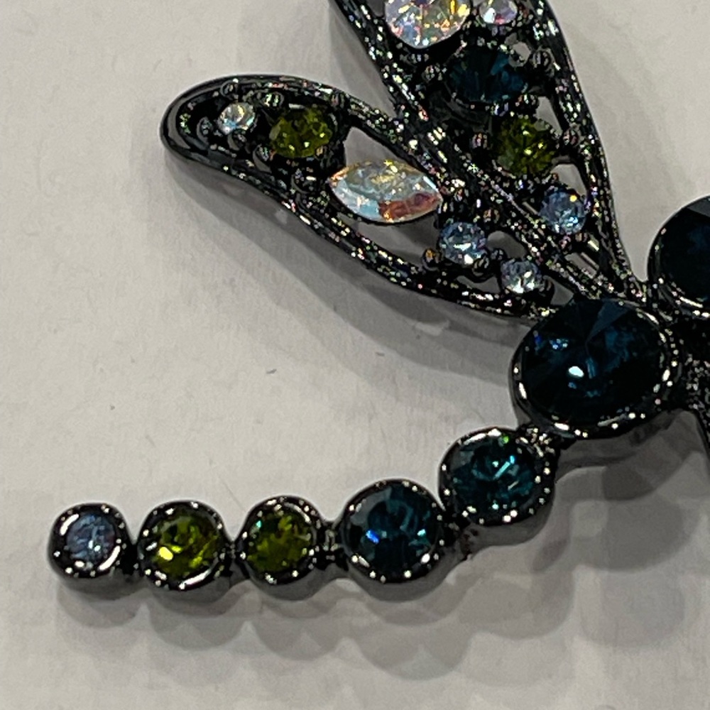 Vintage Multicolor Rhinestone Dragonfly Brooch Black Metal  Has Crown Mark - Picture 5 of 16